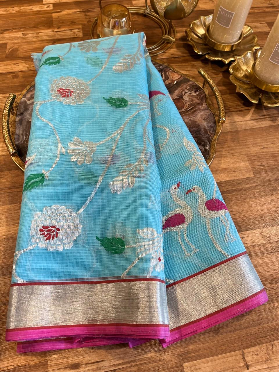 Designer All Over Jaal Pure Zari Kota Saree with Contrast Blouse